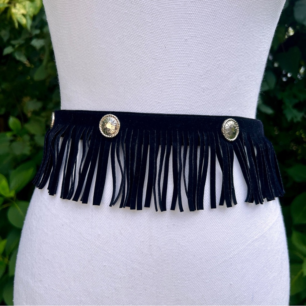 Black Fringe Waist Belt with Gold Concho Accents